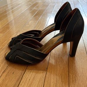 Anthropologie, Luiza Perea black and gold peakabo heals